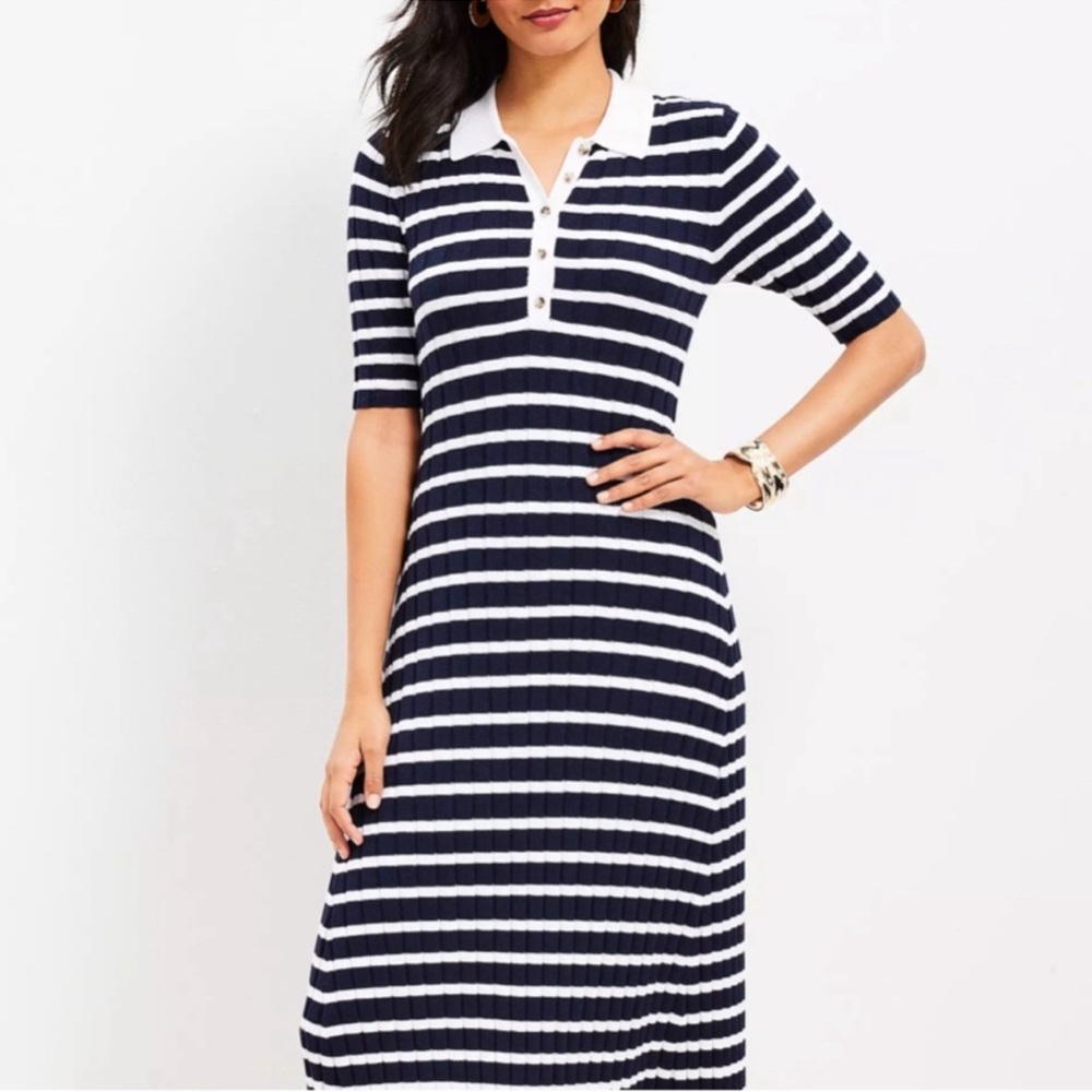 Ann Taylor Loft Ribbed Polo Midi Dress in Navy / White Stripe (size L)